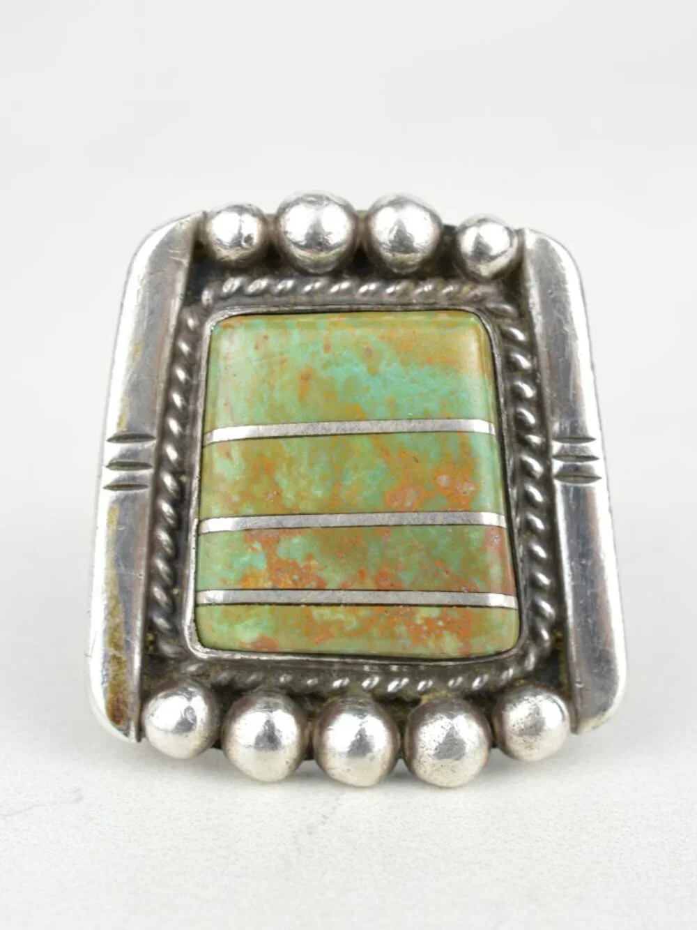 Vintage Navajo Sterling Silver Gaspeite Channel Inlay Ring Sz 14.25 Heavy 19.5g
